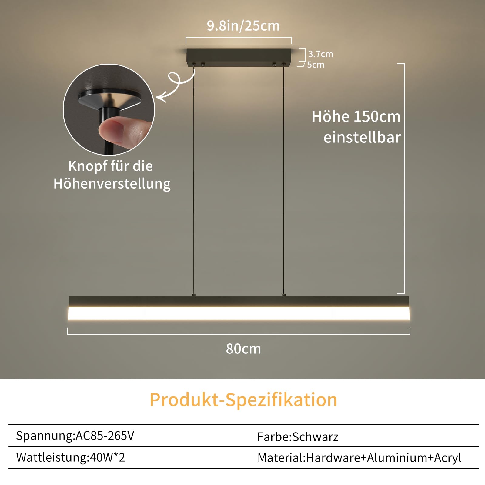 Mikeru Lampada a Sospensione Dimmerabile da 80CM, Lampada a Sospensione Lineare a LED 10%-100% Luce a Sospensione per Isola Cucina con Funzione di Memoria 3000K-6000K Lampada a Sospensione Moderna