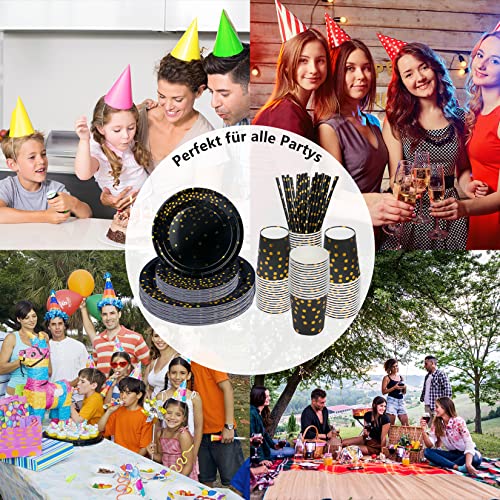 Vaisselle assiettes de fête noir et or durables avec grands gobelets - 7