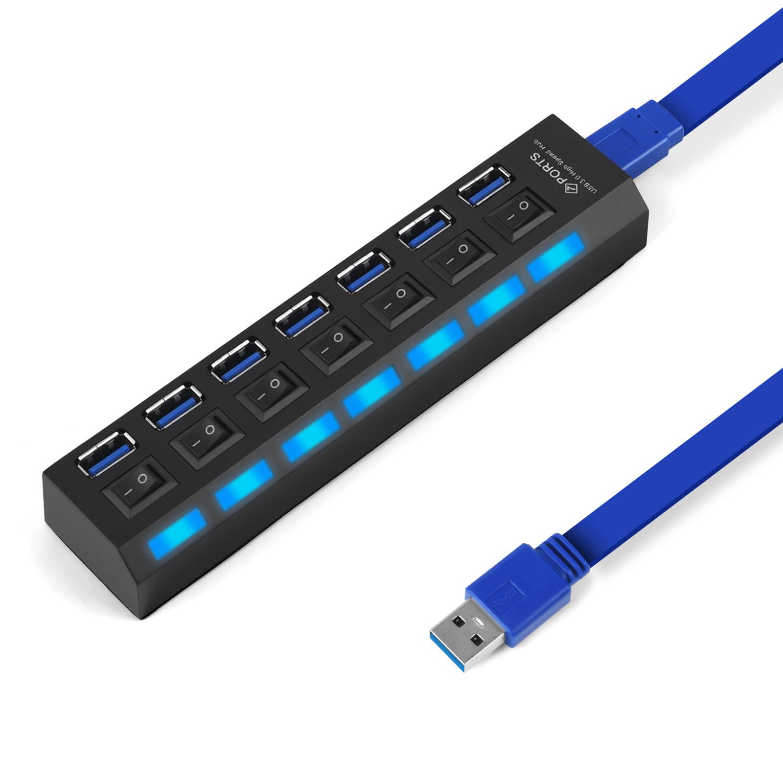 OFFCUP USB Hub 7 Port USB Verteiler USB Hub Aktiv 3.0+2.0 mit Einzelnen Schaltern und LED Anzeige, Plug & Play, für Laptop PC, MacBook nd weitere USB Geräte