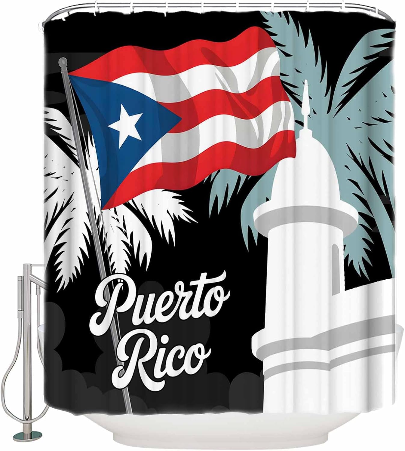 QueenKer Shower Curtains Puerto Rico Flag Palm Tree Waterproof Polyester Fabric Bath Curtain Set with Hooks for Bathroom Bedroom 72x72 Inch