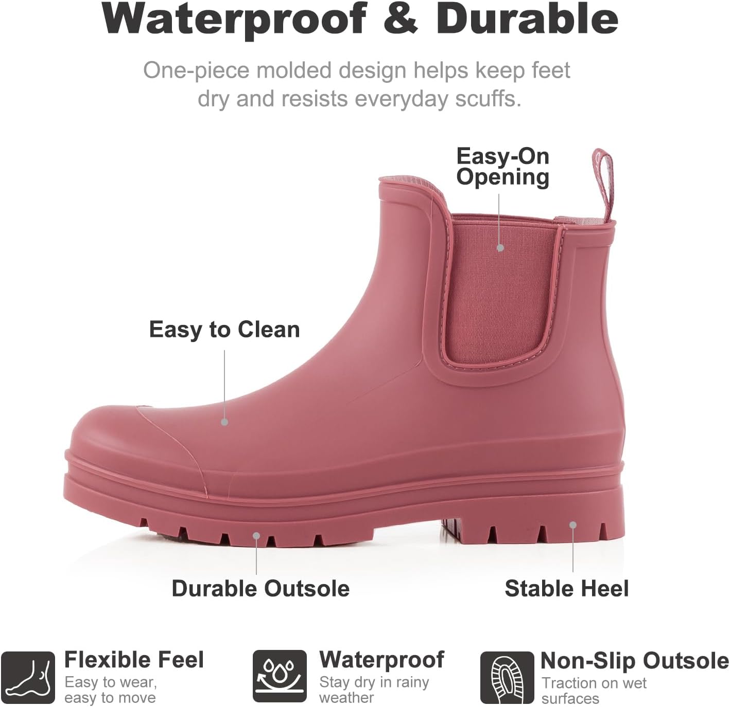 planone Women’s Fashion Waterproof Short Chelsea Rain Boots Durable Non Slip Ankle Rubber Boots Work Booties Lightweight Outdoor Garden Shoes with Removable Insole - Image 4