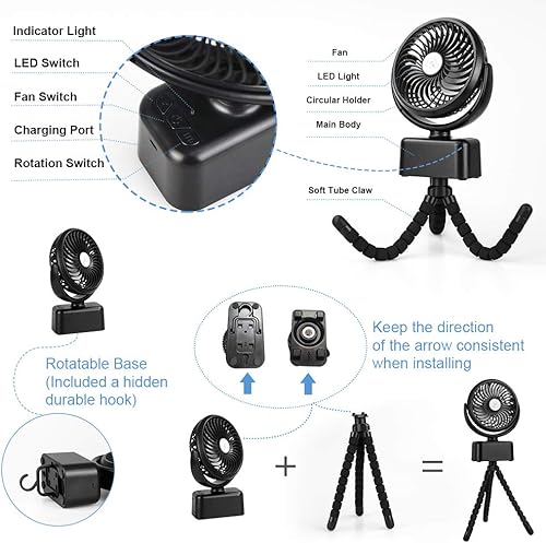 Miniatura 8 de Ventilador portátil para acampar con luces LED, ventilador silencioso para cochecito con 3 ajustes de velocidad y brillo, ventilador oscilante de