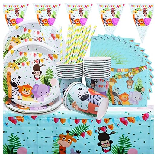 SHAMO 82 Piezas Vajilla de Animales,Juego Vajilla Animales, Incluye Platos de Animales,Tazas, Servilletas, Pajitas, Banderín, Mantel, para Niños Suministros de Fiesta de Cumpleaños de Animales (Q011)