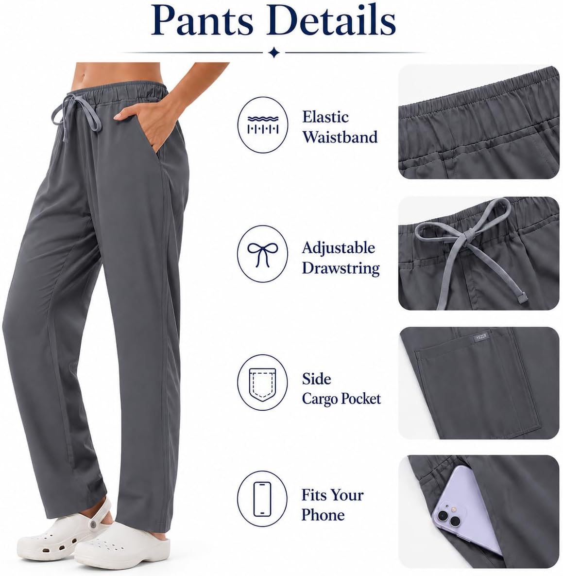 Women's Ultra-Light Medical Scrub Set-130GSM Summer Cooling Fabric-4-Way Stretch, Cargo Pants & V-Neck Top-6-Pocket