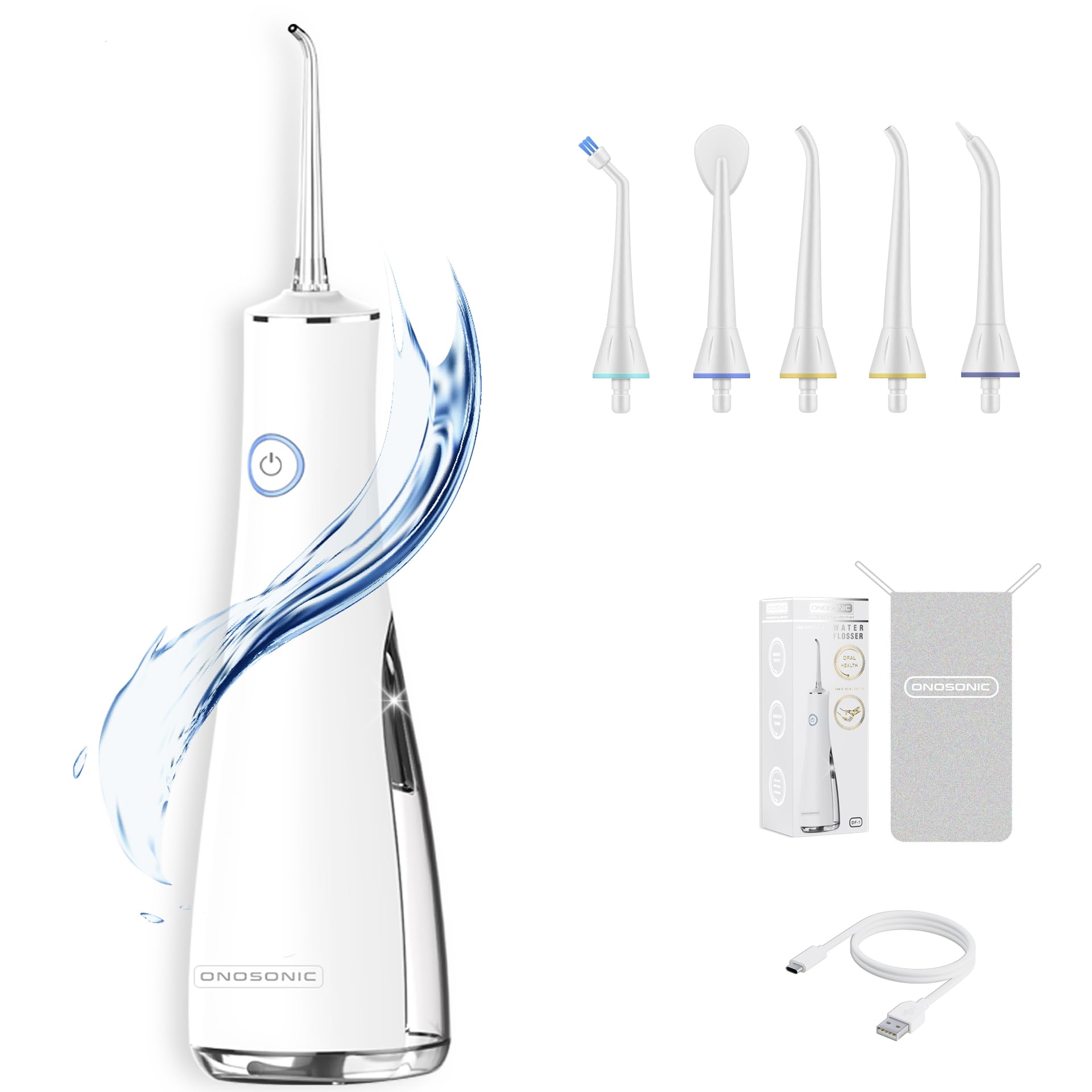 ONOSONIC DF-1 Cordless Rechargeable USB Portable Water Flosser Oral Irrigator for Teeth, Gums, Braces 5 Flossing Tips Different Pressure Modes Travel Bag, Dentist Recommended