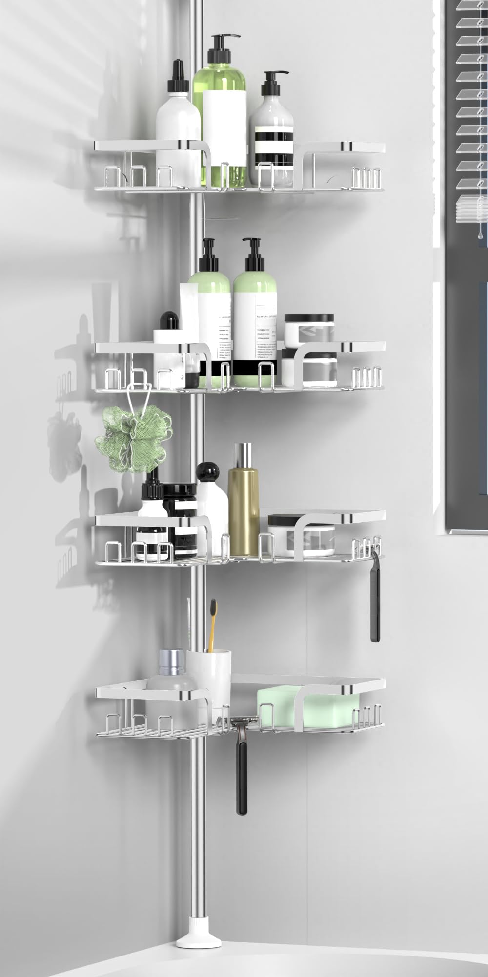 Kegii Teleskop Duschregal - Duschablage Ohne Bohren Ecke Teleskopregal Bad Edelstahl Teleskopregal Dusche Silber Duschkorb Eckregal