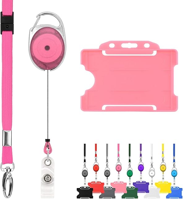 Retractable Lanyard and Badge Holder Trio Triple Pack by LanyardsTomorrow - Set Includes A Single Plain Lanyard, Extendable Carabiner Yoyo Reel Clip and Rigid ID Card Holder (Pink)