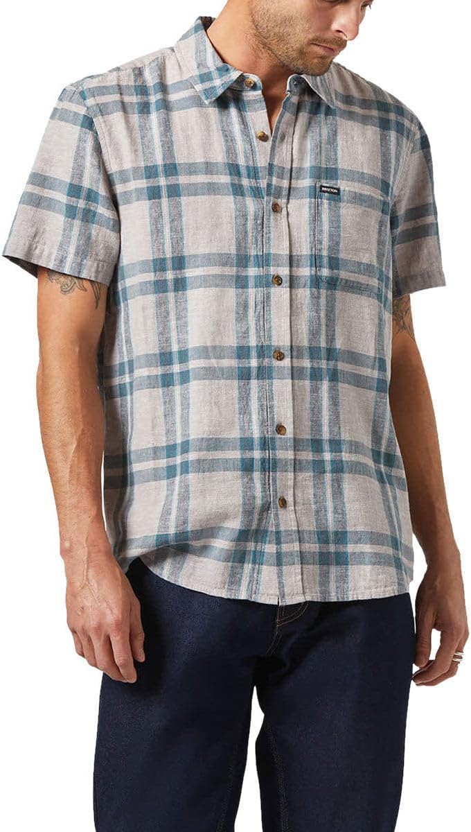 Brixton Charter Linen Blend Shirt - Beige/Azure Blue Plaid - LG