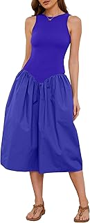 Women's Sleeveless Slim Fit Midi Dress Drop-Waist Crew Neck Patchwork Dress Ribbed a-Line Summer Dress with Pocket - Buy now