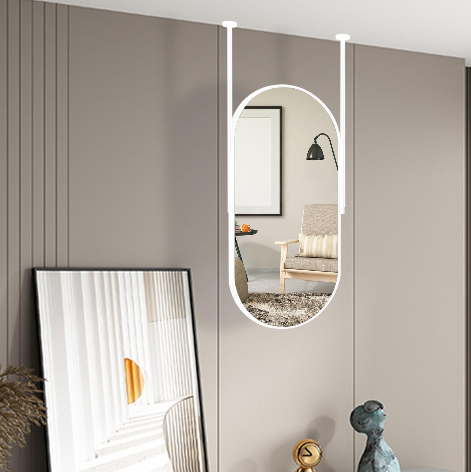 FGXHHS Hanging Decorative Mirror with Oval Metal Frame, Vertical Ceiling Mounted Mirror, Bathroom Hallway Cloakroom Makeup Shaving Wall-Mounted Mirror(50cmx60cm)