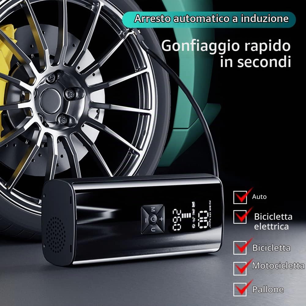 Compressore Aria Portatile 8000mAh 30cm Tubo Pompa Elettrica per Bicicletta 5 modalità Mini Compressore per Bici Auto Moto Palloni Gonfiatore Elettrico con LED Luce, 150PSI, 4 Adattatore