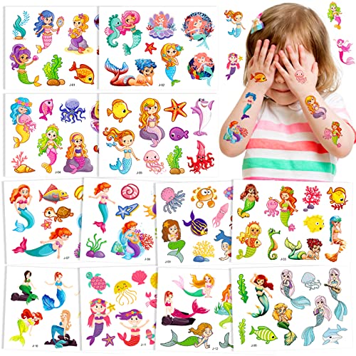 Qpout 12PCS Sirène Tatouages Temporaires Pour Enfants Sirène Autocollants De Tatouage Temporaire Convient Aux Enfants Filles Fête D'anniversaire Décoration Accessoires Créatures De La Mer Sur Le Thème Cover