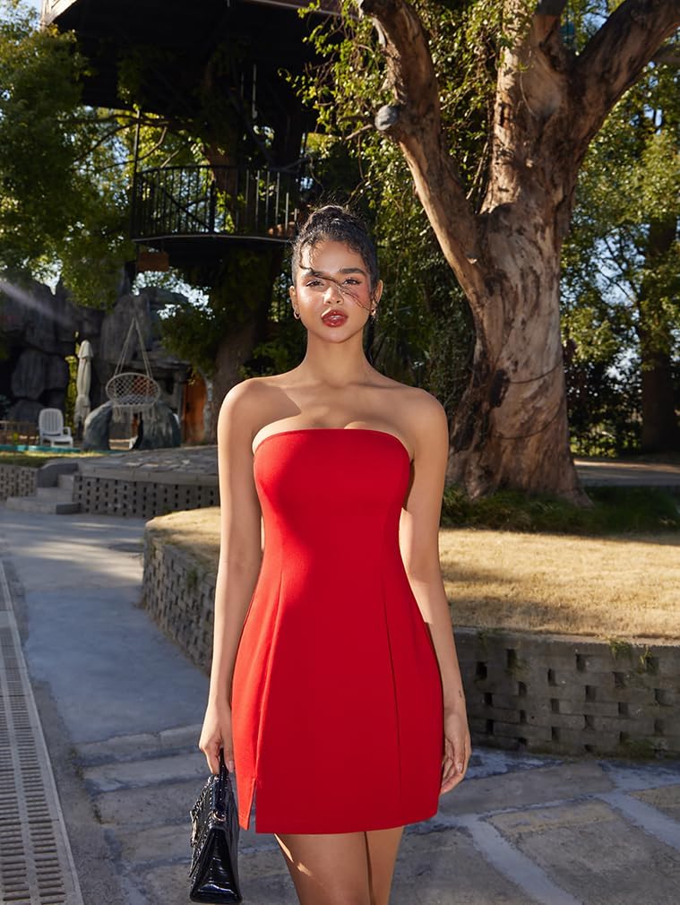 HYZ Women's Tube Strapless Sleeveless Y2K Split Party A-Line Mini Dress - Image 7