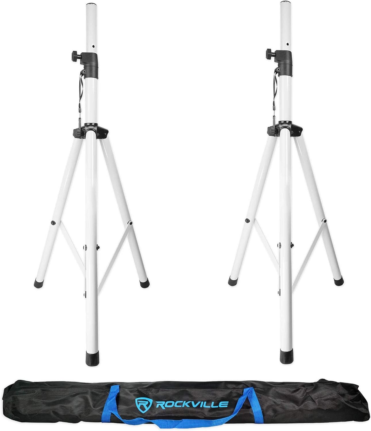 Rockville Pair RVSS2 White Tripod DJ PA Speaker Stands, 132 lbs Capacity, Adjustable Height 47-79 in, Carrying Case Included, for DJs Churches Clubs
