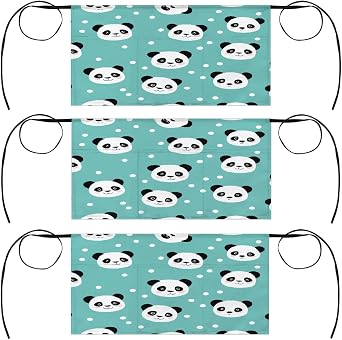 3 Pack Server Apron Cute Panda Bear Waitress Aprons with 3 Pockets Oil Stain Resistant Short Waiter Waist Aprons for Women Men Restaurant Cafes Bars Home