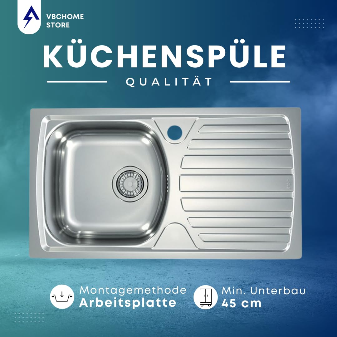 VBChome: Fregadero empotrable, 780 x 435 mm, estructura satén, Alveus Basic, 170 fregaderos de acero inoxidable, escurridor, para camping, fregadero de cocina y desagüe fi141