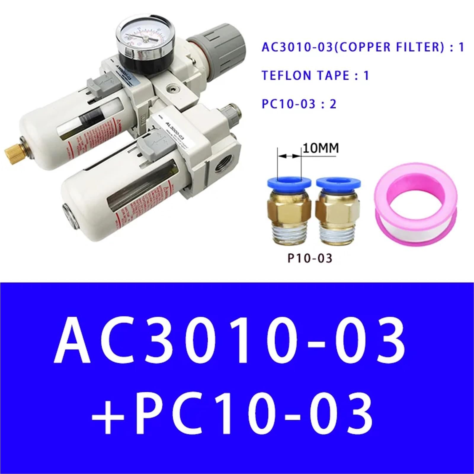 AC3010-03 Bomba de aire Compresor Filtro Regulador de presión Trampa Separador de aceite neumático Drenaje manual Suministro Filtros de humedad(Copper And PC10-03)