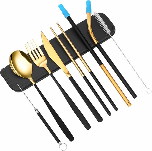 XINYUWIN Portable Travel Utensils Flatware Set 8 Pieces Portable & Reusable Stainless Steel Cutlery Include Fork Knife Spoon Chopsticks Straws Toothpick Cleaning Brush Safe with Case(Black Golden)