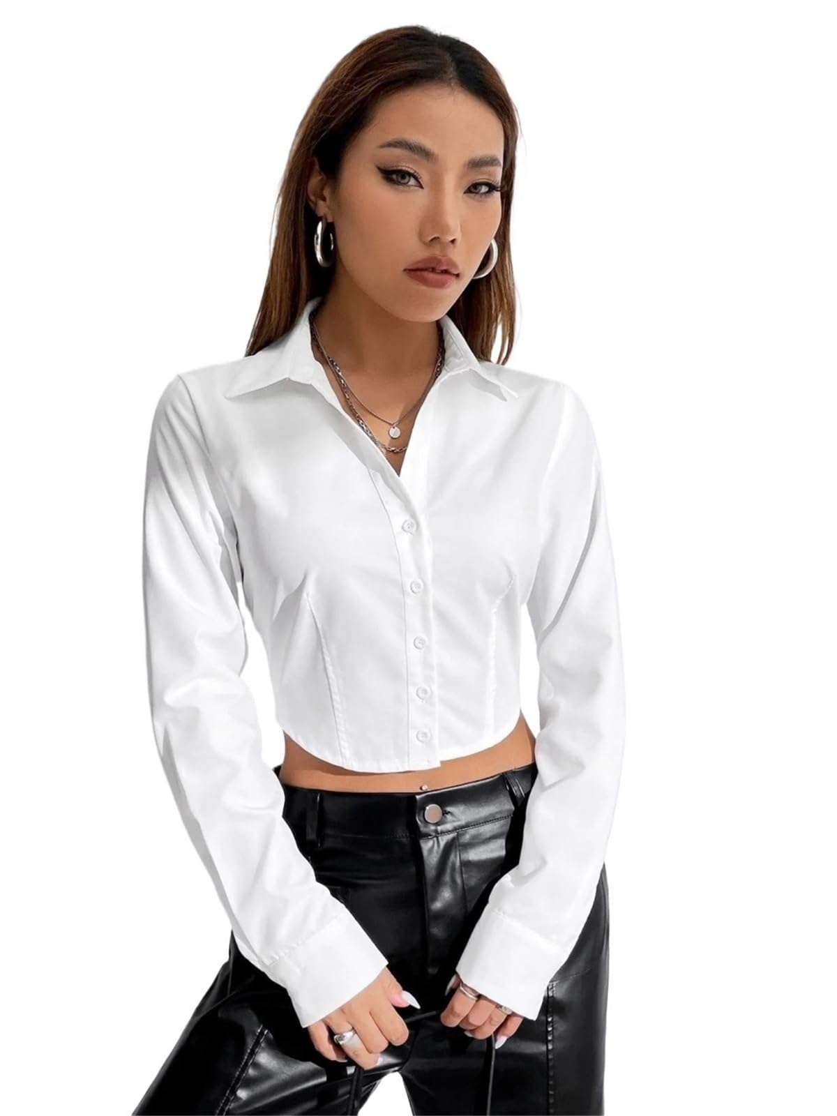 Chemise Femme Chemise Courte à Manches Longues et Boutons sur Le Devant for Femme, décontractée et Unie