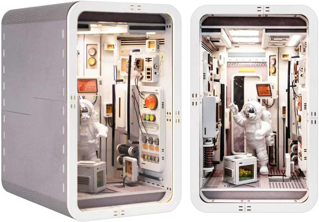 DIY Book Nook Kit, Dollhouse Miniature, Booknook Bookshelf Insert Decor Alley 3D Wooden Puzzle, Bookends Model Building Kit with LED Light, Gift for Teens and Adults, Space Capsule