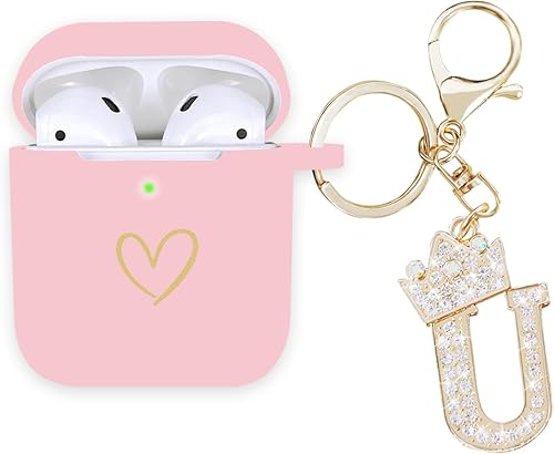 Funda compatible con AirPods, funda de silicona suave con patrón de corazón dorado para AirPods de 2 y 1 generación con llavero de letra A-Z