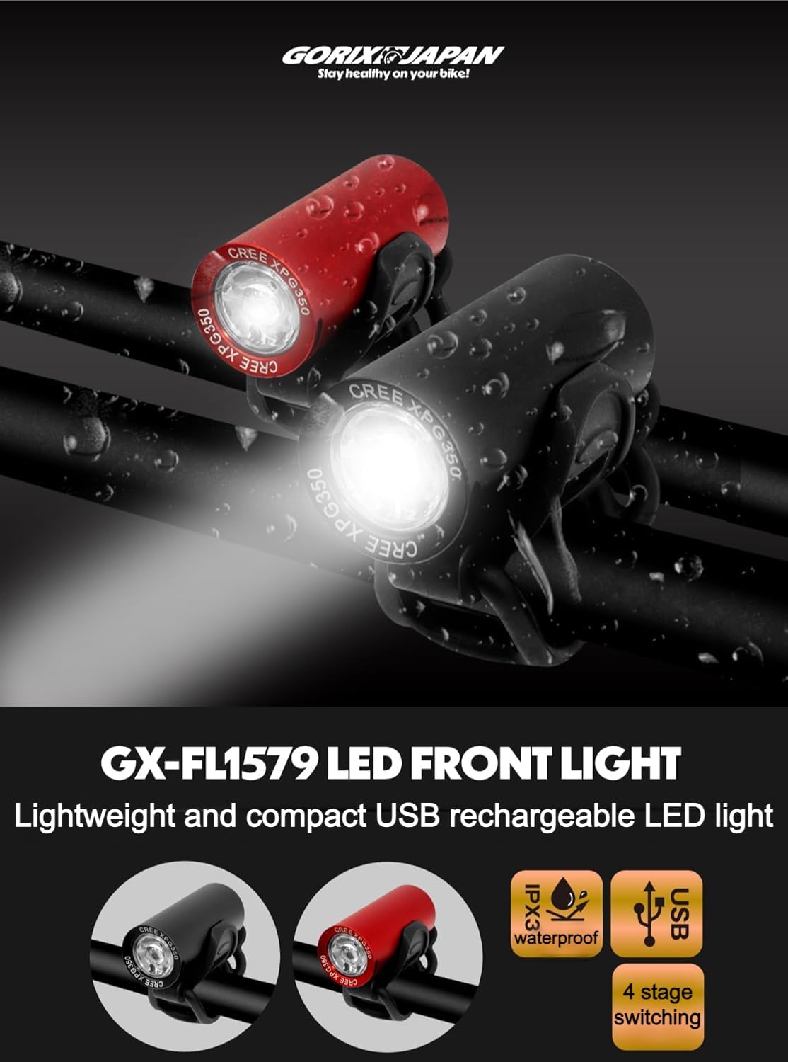 GORIX Bike Front Light USB Charging Waterproof LED Bright Bicycle (GX-FL1579) (Red)