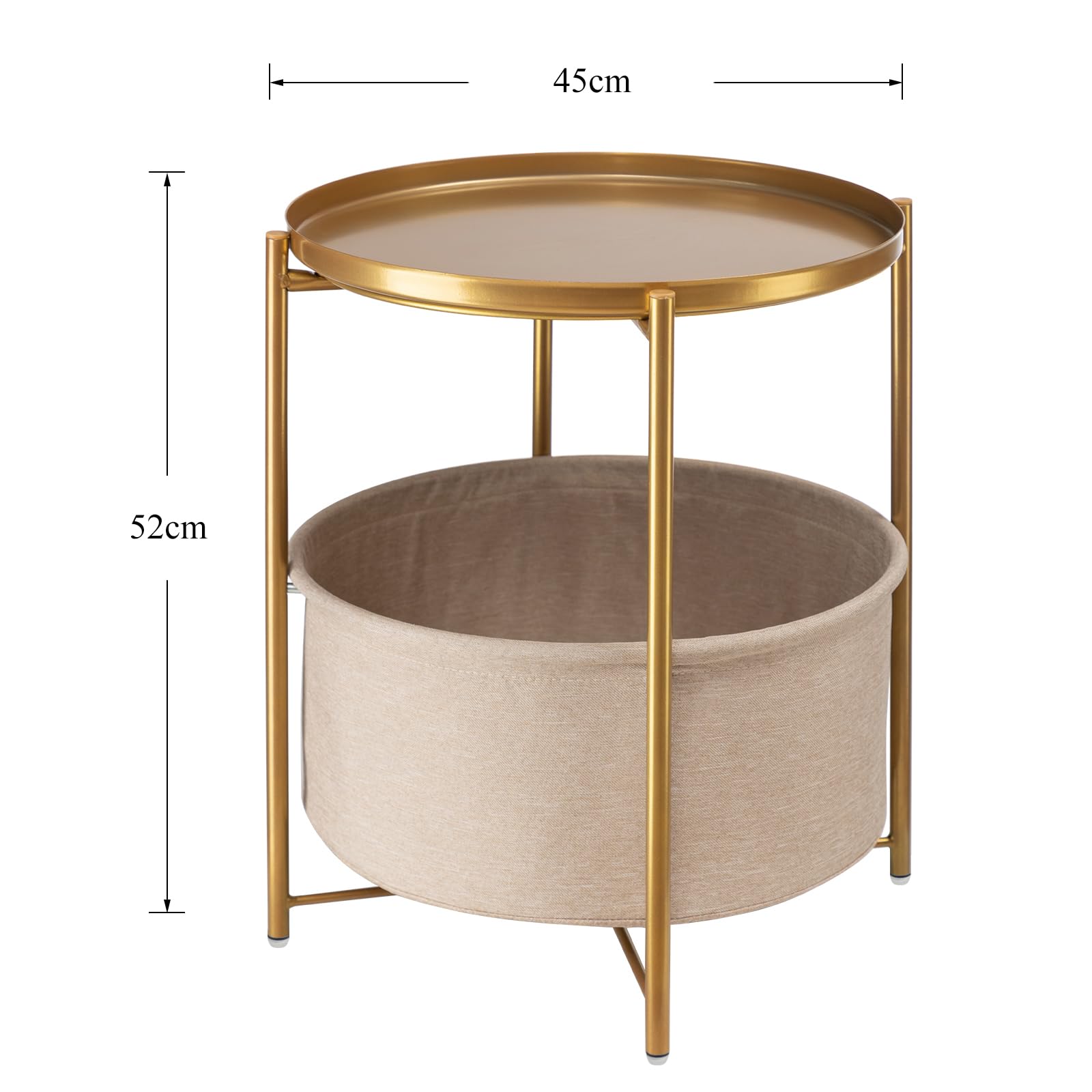 danpinera Table d'appoint Ronde en Métal - Petite Table de Chevet avec Panier de Rangement en Tissu - Plateau pour Salon, Chambre à Coucher, Chambre d'enfant, Linge - Doré