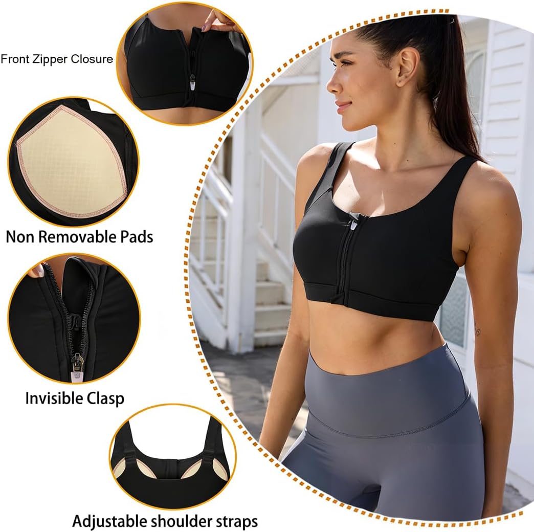 Womens Zip Front Sports Bra Wireless Post-Surgery Bra Padded Strappy Medium Support Yoga Exercise Athletic Bras