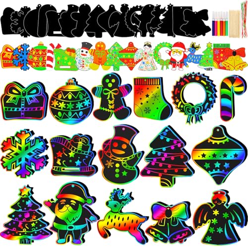 Natonhi 96pcs Christmas Crafts for Kids Christmas Party Favors Magic Rainbow Scratch Paper Ornament with Wooden Drawing Sticks Lanyards for Kid Holiday Party Gifts Classroom Activities