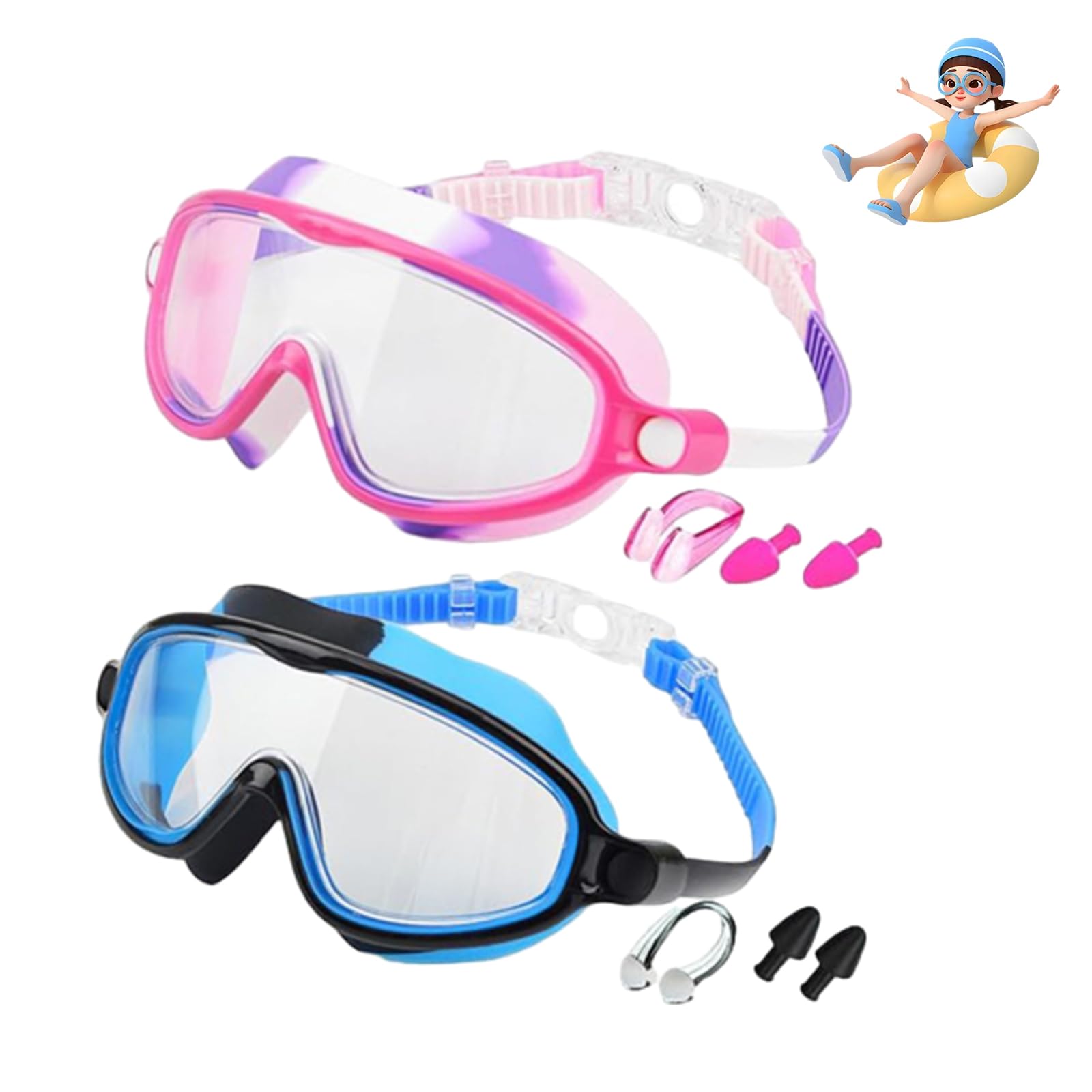 Blumi Goggles Kids, Wide Field of Vision Swim Goggles, Anti-UV UV Blocking Anti-Fog Clear Lens Swimming Goggles for Indoor Outdoor Pool + Clip & Plugs (2pcs-G)