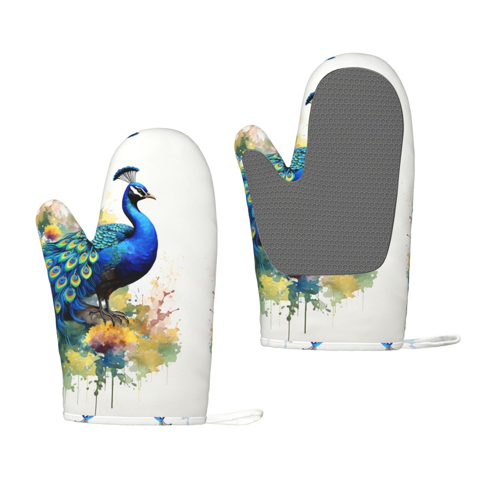 Gants de cuisine paon aquarelle pour manipuler vos plats chauds du four en sécurité