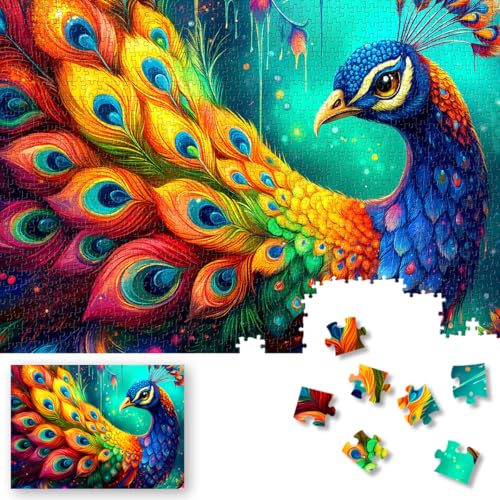 Rompecabezas de 1000 piezas para adultos con diseño de pavo real, tablero HD grueso y sin polvo | ROSE RAIN Premium, puzzle duro con letras en la parte trasera, arte fantasía de pavo real para alivio de estrés y noches de juegos familiares miniatura 1
