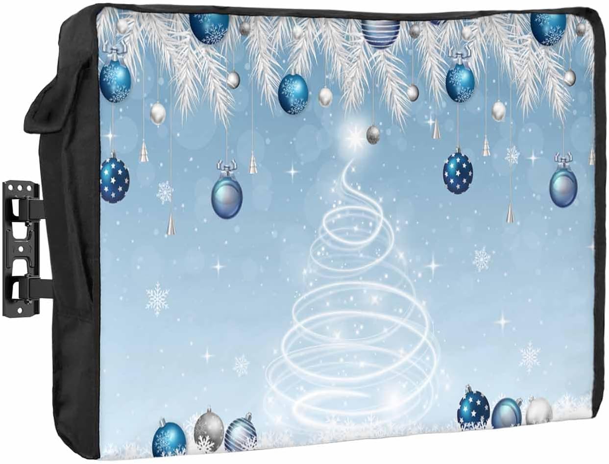 Christmas Snowflake Blue Outdoor TV Cover 60"-65" - 600D Waterproof TV Cover Weatherproof TV Screen Protector Dustproof Winter Bells Balls Xmas Tree Branch TV Display Protector for Flat Screen TV