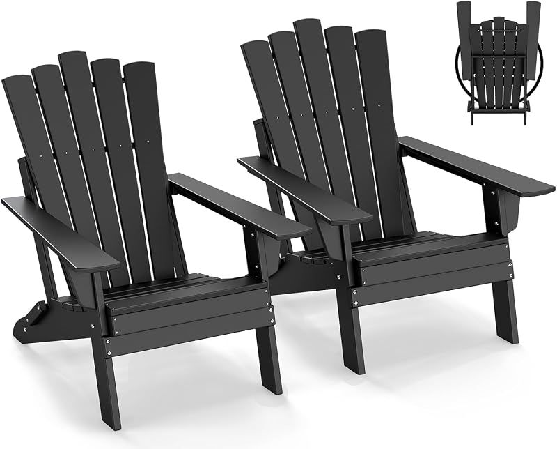 GREENVINES Throne Folding-Adirondack-Chairs Set of 2, HDPE Plastic, Black
