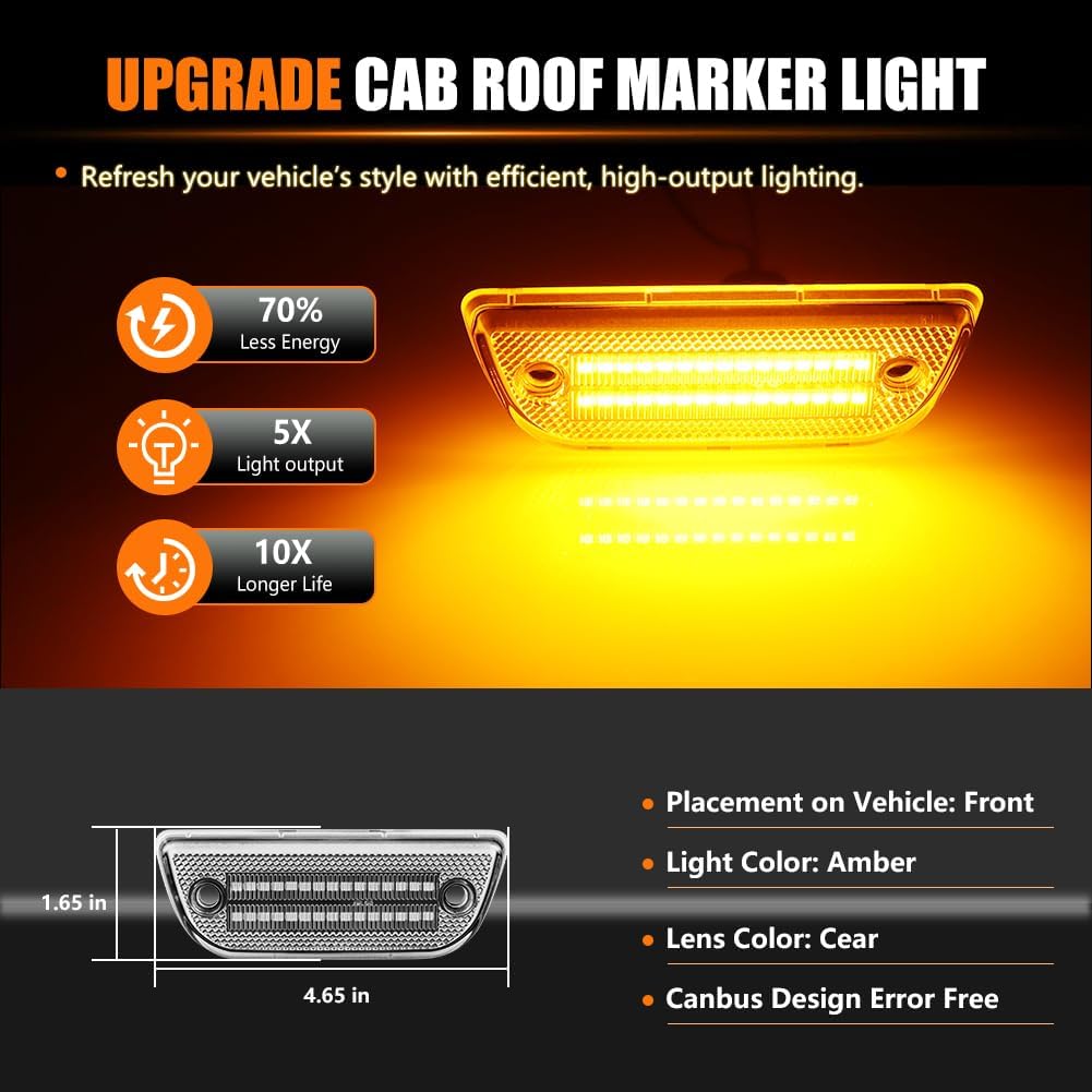 LED Cab Roof Marker Lights Cab Roof Running Top Marker Light for Kenworth T680 T770 T880 & Peterbilt 579 Heavy Trucks, Clear Lens Amber Full LED Top Clearance Light Cab Marker Lamps, 5 PCS