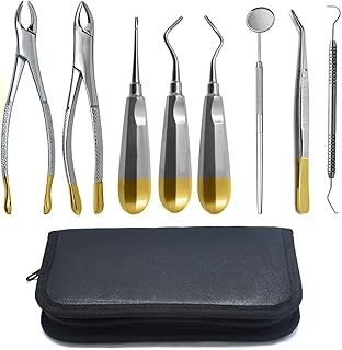 AAProTools 8 Pcs Gold Plated Basic Dental Extracting Extraction Forceps Elevators Set Dental Instruments with Storage Case DN-2358