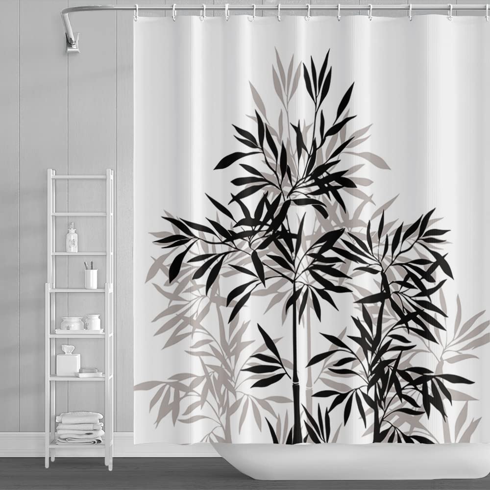 SDOTPMT 90x183cm Vintage Bamboo Shower Curtain Black White Bamboo Leaf Silhouette Bath Curtain Classic Ink Painting Bathtub Curtain for Kids Bathroom Decor Fabric Polyester Waterproof with Hooks