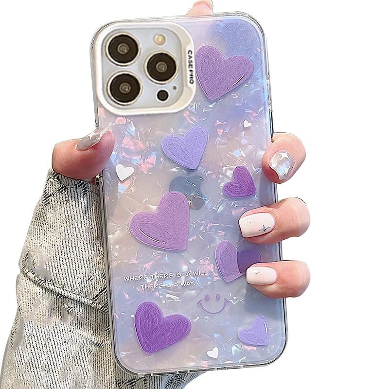 Image of mobistyle Designed for iPhone 16 Pro Cover Cool Shining Shell Love Heart Pattern Design with TPU Edges Phone Back Cover Case for Girls Women (Purple)
