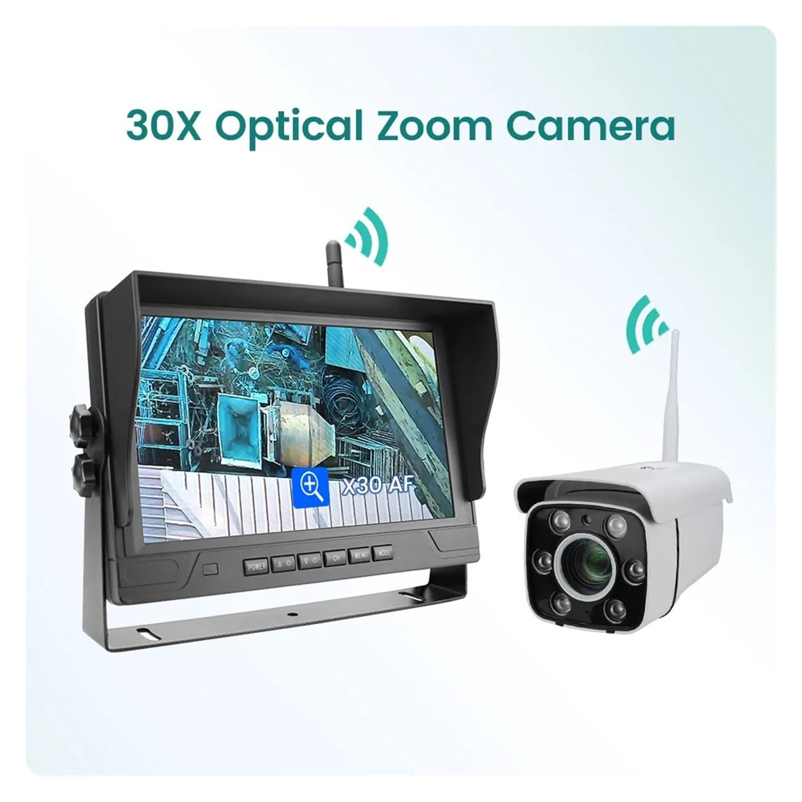 Camara Marcha Atras Cámara Grúa Inalámbrica, Monitor DVR 9 Pulgadas, Zoom 30X, Amplificación, Zoom AHD, WiFi, Conjunto Pantalla para Grúa Torre, Caravana Piedra