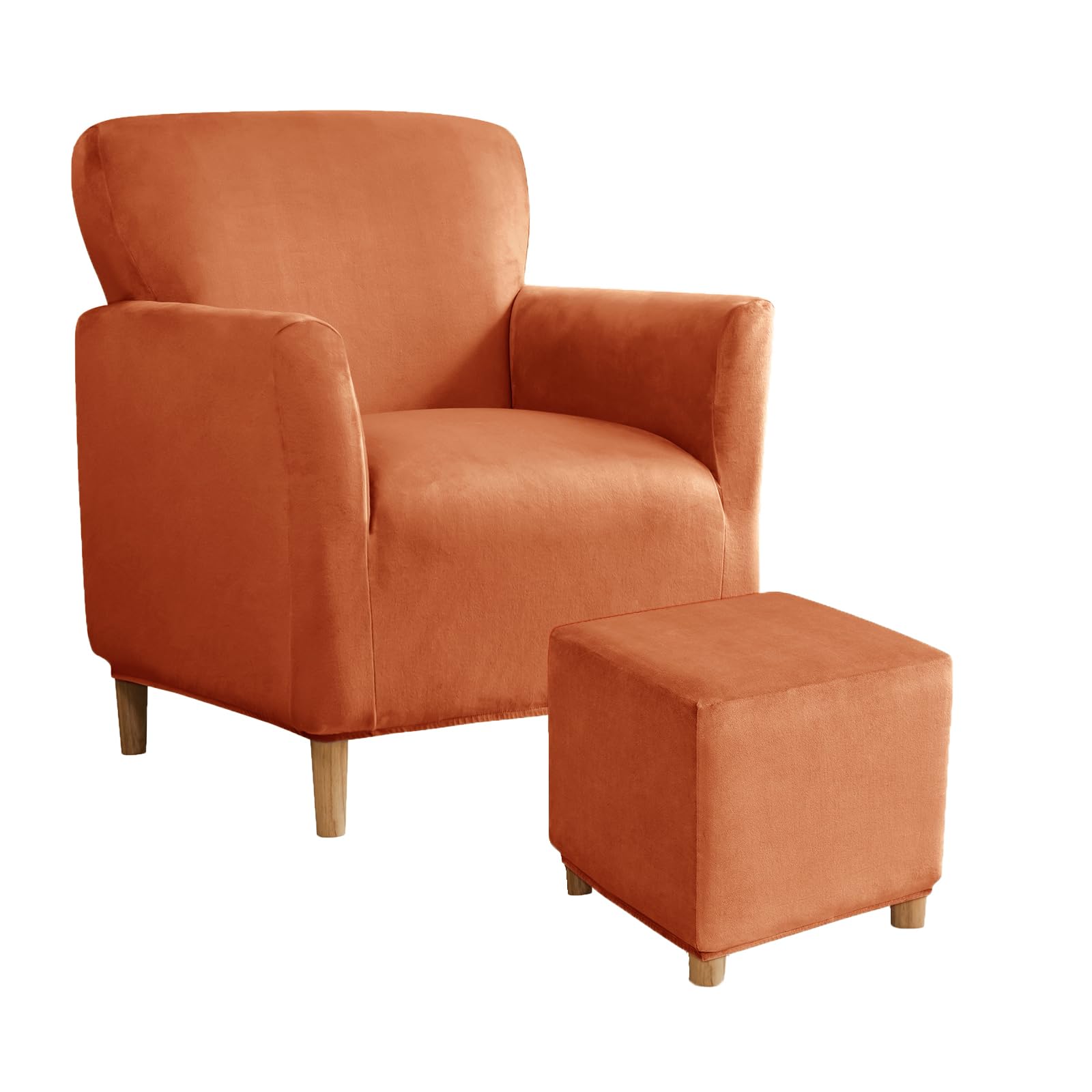 SYLC Stretch Velvet Armchair Sofa Covers with Ottoman Cover Rectangle/Square, Banquet Tub Chair Covers Footstool Slipcover Furniture Protector (Orange,Chair+Ottoman Square L)