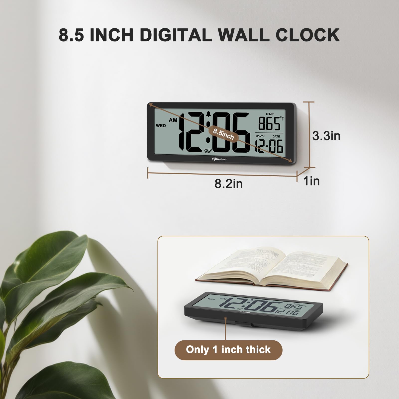 Soobest Orologio digitale da parete da 21,6 cm, funzionamento a batteria, con retroilluminazione, temperatura, data, giorno e ora legale, design sottile per anziani, camera da letto, soggiorno