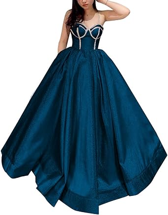 Womens Beaded Spaghetti Straps Ball Gowns Long Puffy Sweet 16 Glitter Prom Quinceance Dresses