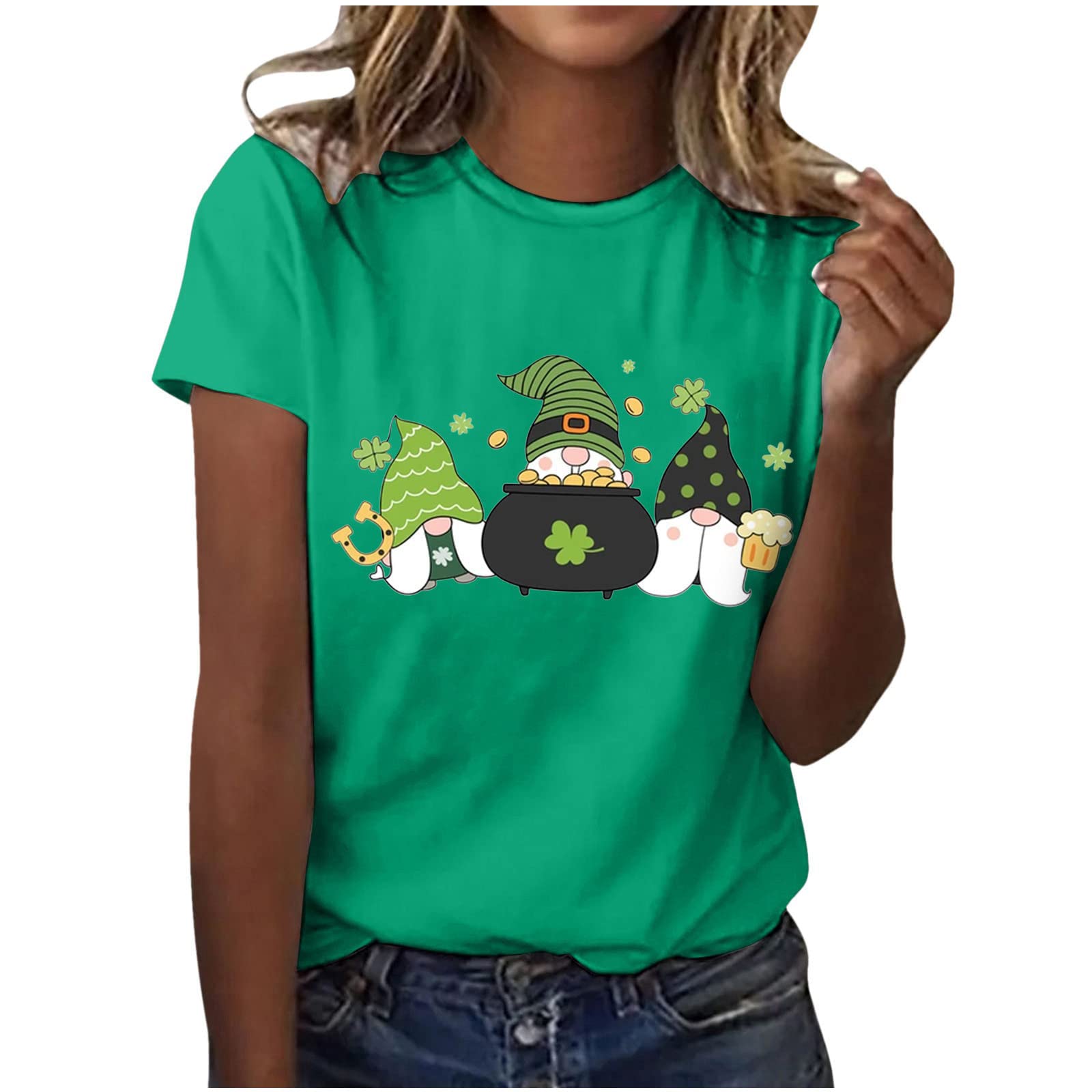 Camiseta Estampado del dÃƒ­a de San Patricio Top Blusa Manga Corta Mujer Camiseta Cuello Redondo Camiseta Corta suelta VJ1-Green X-Large
