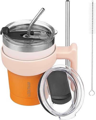 ARRKYOER Taza de café de 10 onzas, taza de viaje de café aislada de acero inoxidable con tapa y asa, taza de café reutilizable al vacío, termo para
