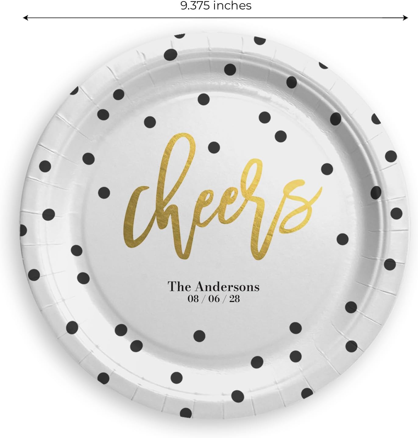 Personalized Polka Dot Cheers Dinner Paper Plates / 24 Black And Gold Confetti Celebration Wedding Anniversary DIY Meal Plates / 7 1/2" Diameter Custom New Year Event Plate Pack / Made In The USA