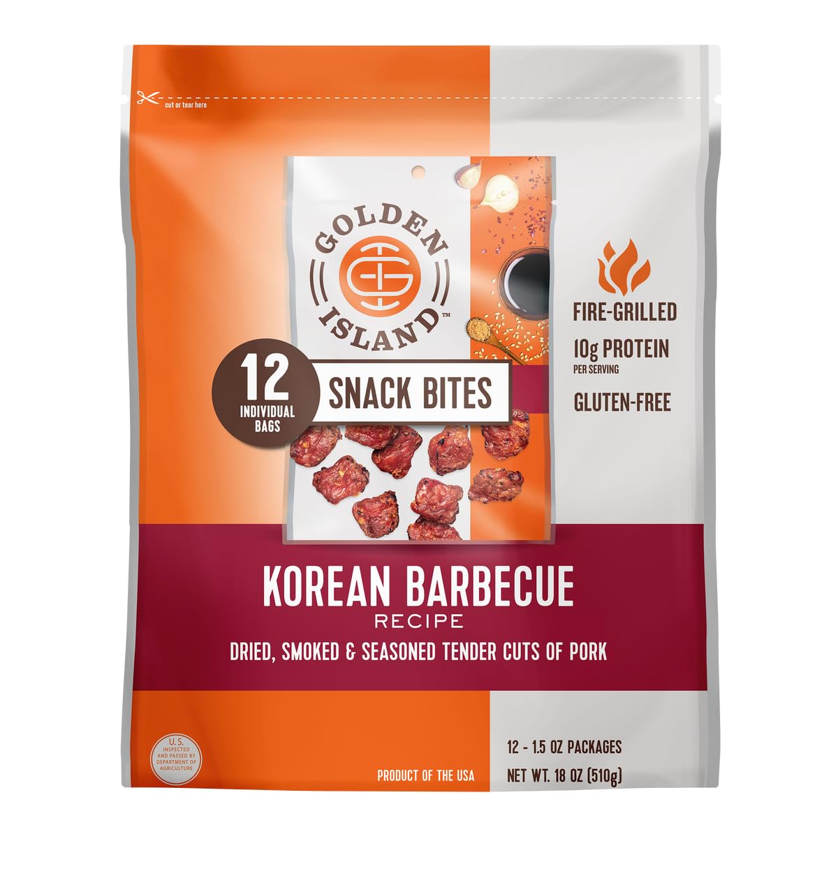 Korean Barbecue Pork Snack Bites - 1.5 oz Bags, 12 Count - Tender Glazed Pork Jerky - Gluten Free, High Protein Snack