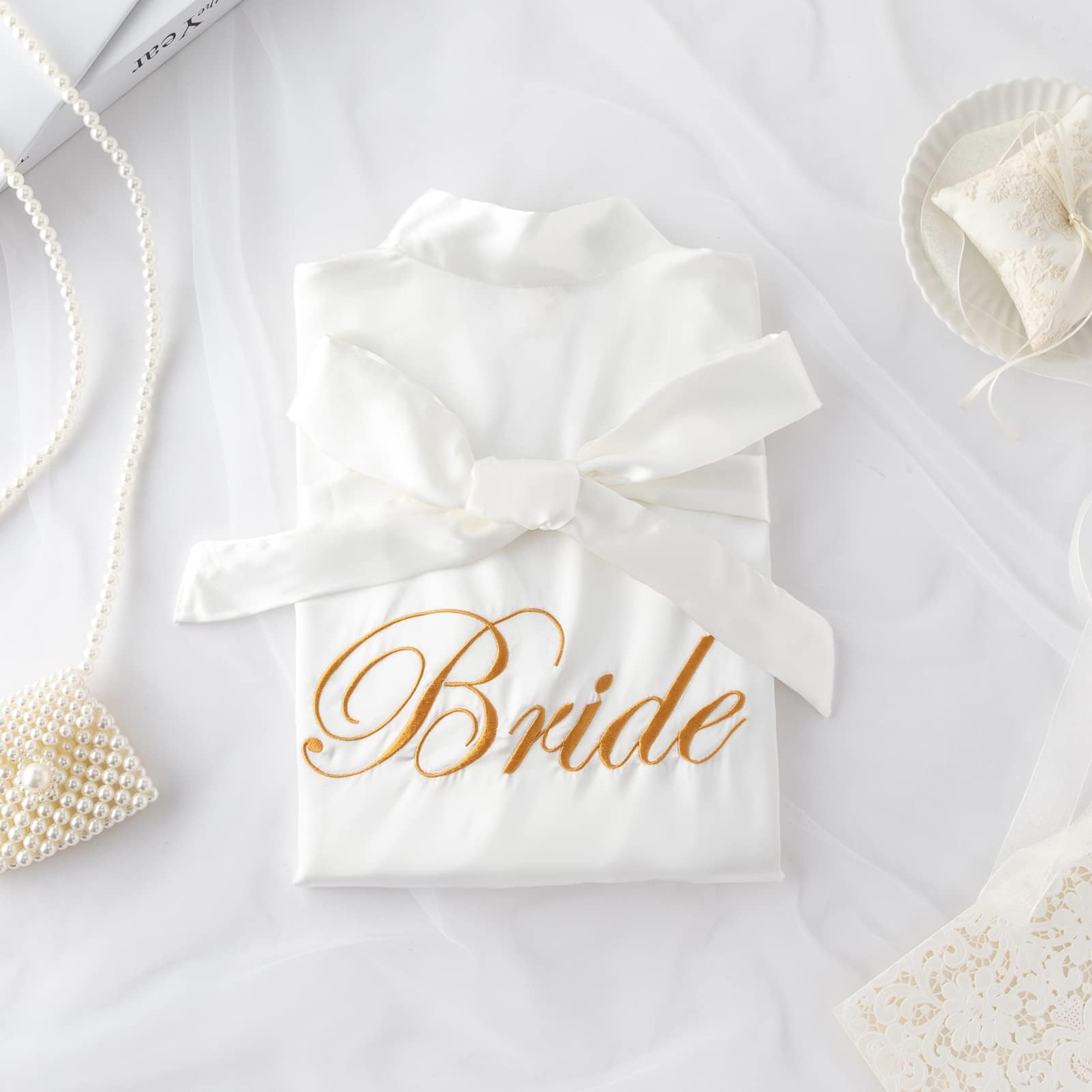 Vestaglia Sposa Bianca, Vestaglia da Sposa in Bianco, Scollo V Kimono Donna in Raso Accappatoio, Kimono in Raso da Donna con Cintura, Sexy Bride Pigiama