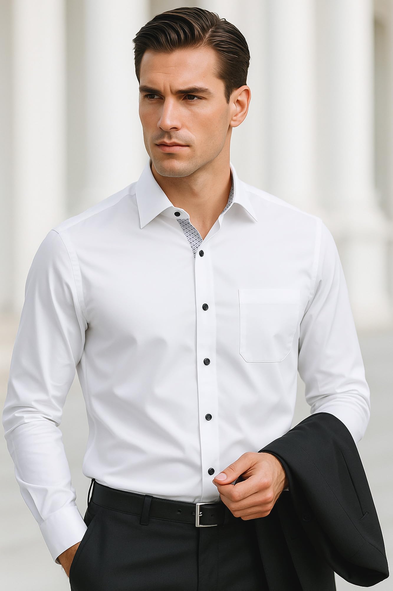 KOSMEEU Camicia Uomo Manica Lunga Shirts Collo Coreana Slim Fit Camicie Bianca Nero per Tempo Libero Facile da Lavare e Stirare Camice Uomo con Tasca