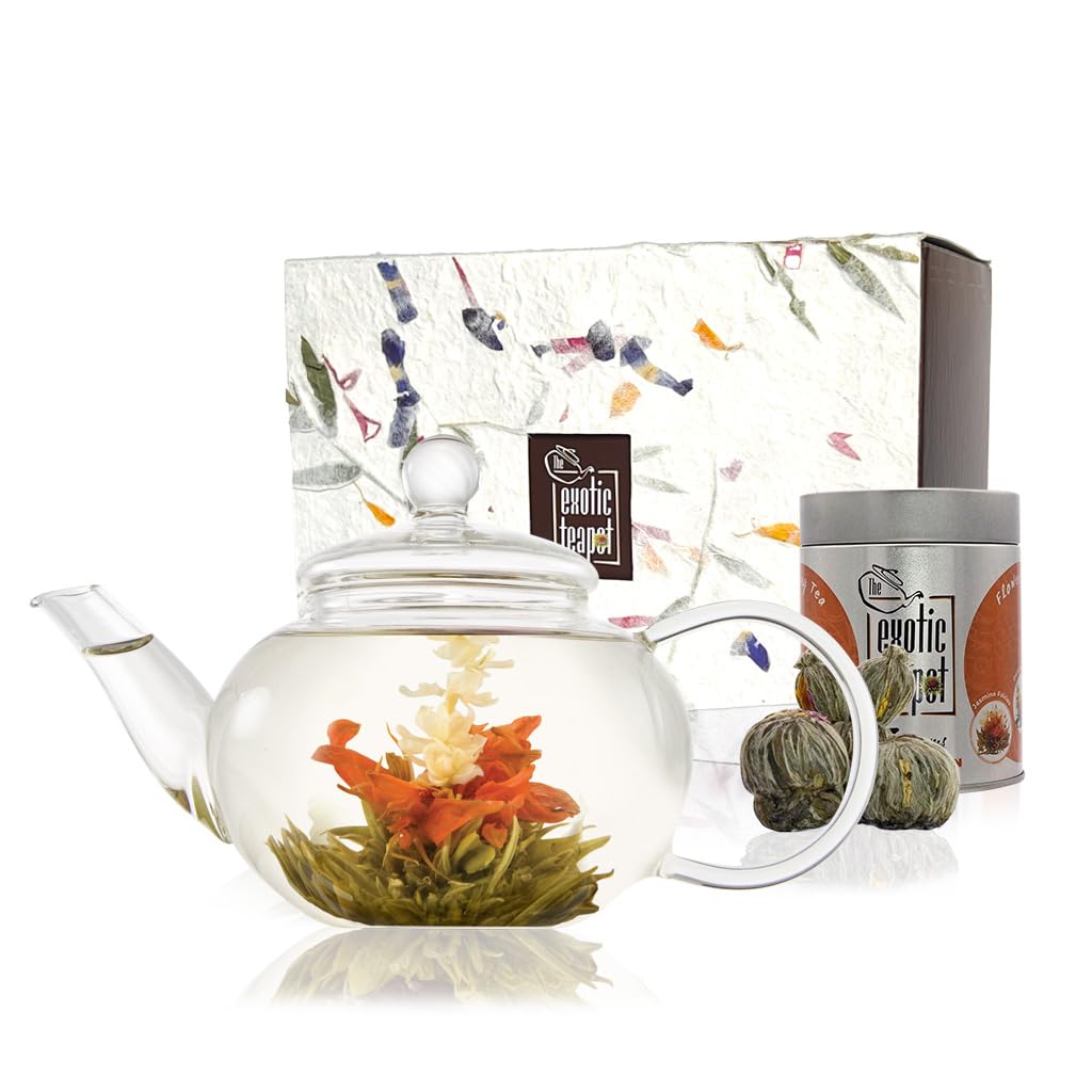 The Exotic Teapot Transparent - Classic Flowering Tea Gift Set, Glass Teapot (600Ml), Sampler Tin Of 5 Blooming Teas, Handmade Gift Box