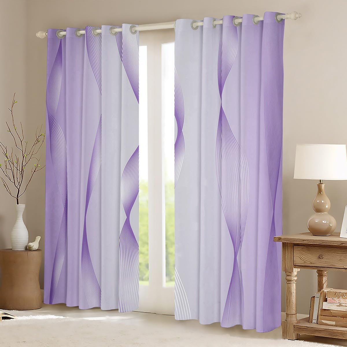 Homewish Gradient Lilac and Greyish White Blackout Curtains Ombre 2 Panels 46" Wx72 L Curtains & Drapes,Trippy Spiral Silver Wave Line Curtains,Abstract Art Room Decor Aesthetic - Image 3
